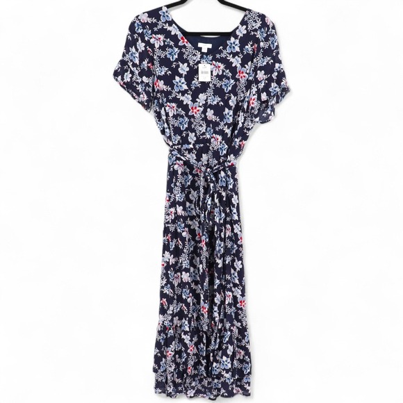 J.Jill Floral Maxi Dress Petite Size LP Blue Crepe Short Sleeve Belt Tie Waist - Picture 2 of 8